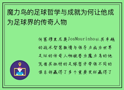 魔力鸟的足球哲学与成就为何让他成为足球界的传奇人物