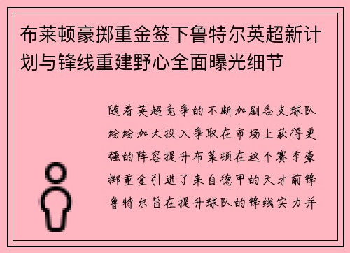 布莱顿豪掷重金签下鲁特尔英超新计划与锋线重建野心全面曝光细节